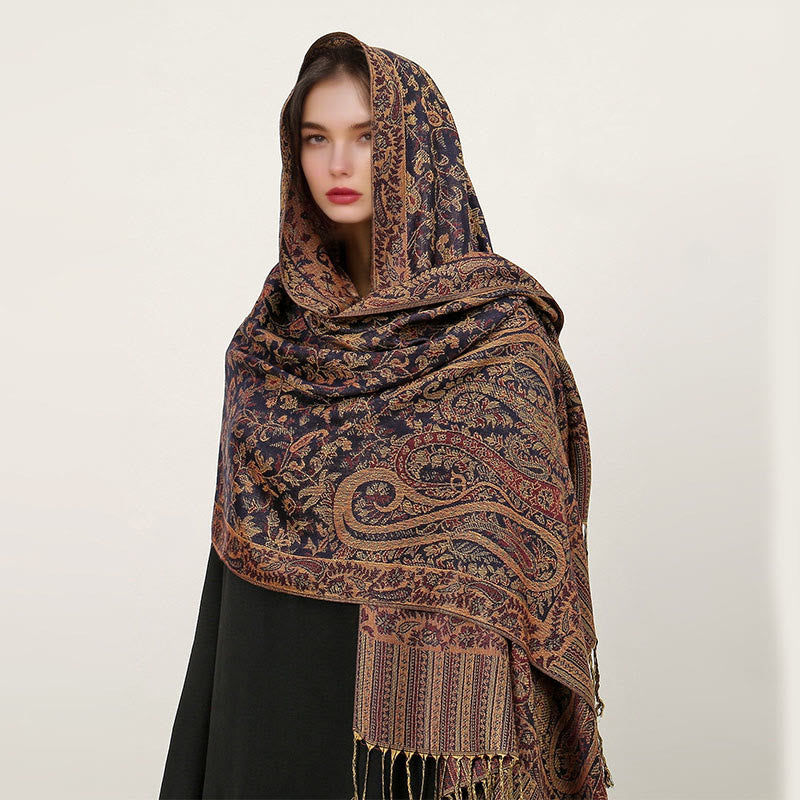 Sciarpa scialle con nappa e motivo paisley tibetano etnica quotidiana di Buddha Stones - Indaco - 70*180 cm - image 0