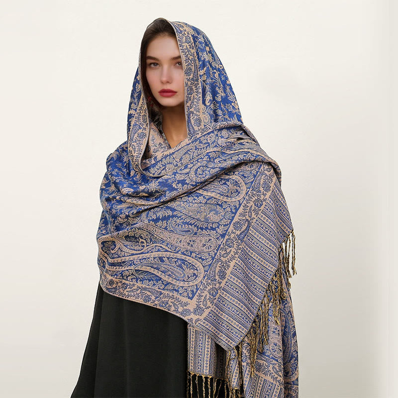 Sciarpa scialle con nappa e motivo paisley tibetano etnica quotidiana di Buddha Stones - Blu Ardesia - 70*180 cm - image 10