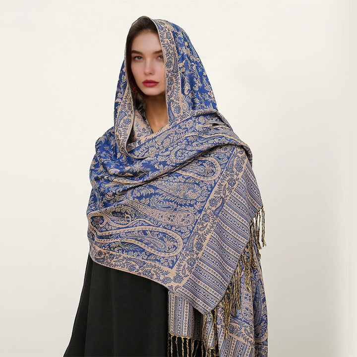 Sciarpa scialle con nappa e motivo paisley tibetano etnica quotidiana di Buddha Stones - Blu Ardesia - 70*180 cm - image 10