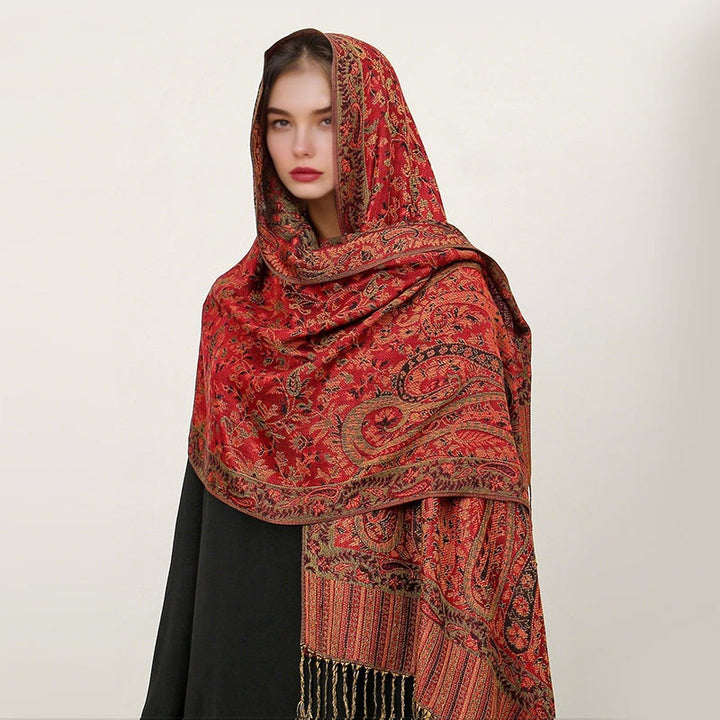 Sciarpa scialle con nappa e motivo paisley tibetano etnica quotidiana di Buddha Stones - Rosso - 70*180cm - image 2