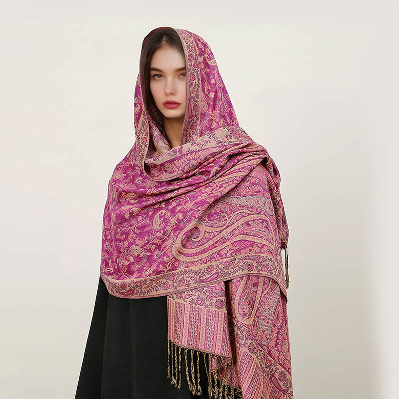 Sciarpa scialle con nappa e motivo paisley tibetano etnica quotidiana di Buddha Stones - Rosa intenso - 70*180 cm - image 14