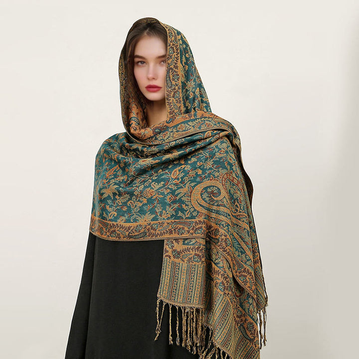 Sciarpa scialle con nappa e motivo paisley tibetano etnica quotidiana di Buddha Stones - Verde acqua - 70*180 cm - image 30