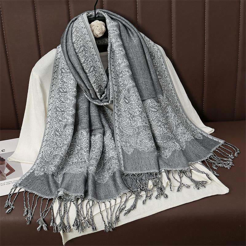 Sciarpa scialle con nappa e stampa paisley in jacquard etnico tibetano invernale con Buddha Stones - Grigio chiaro - 70*190cm - image 12