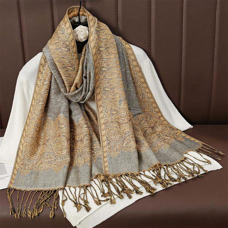 Sciarpa scialle con nappa e stampa paisley in jacquard etnico tibetano invernale con Buddha Stones - Oro - 70*190cm - image 7