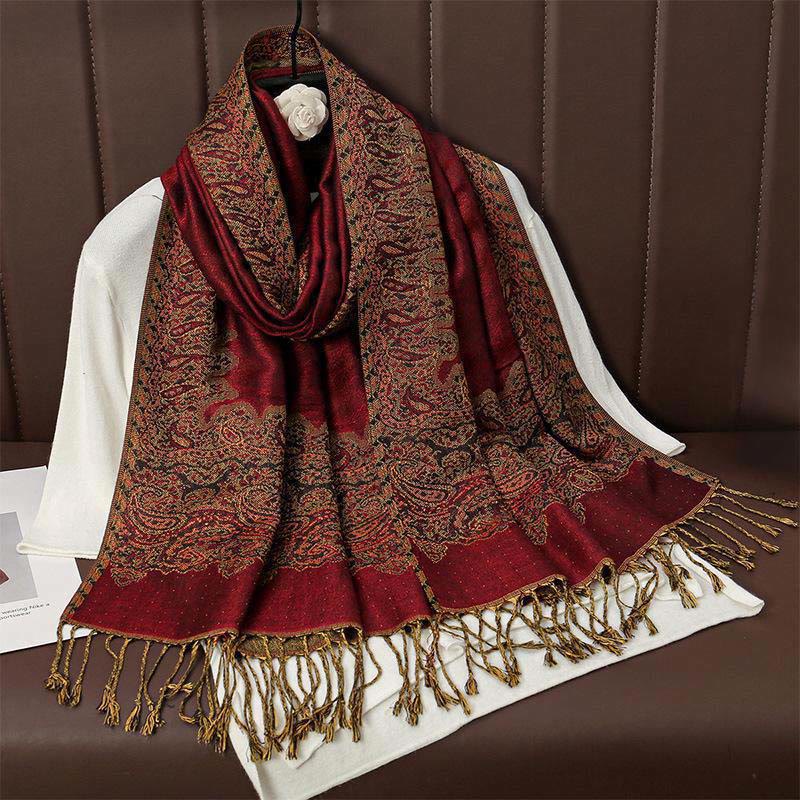 Sciarpa scialle con nappa e stampa paisley in jacquard etnico tibetano invernale con Buddha Stones - Mattoni refrattari - 70*190cm - image 1