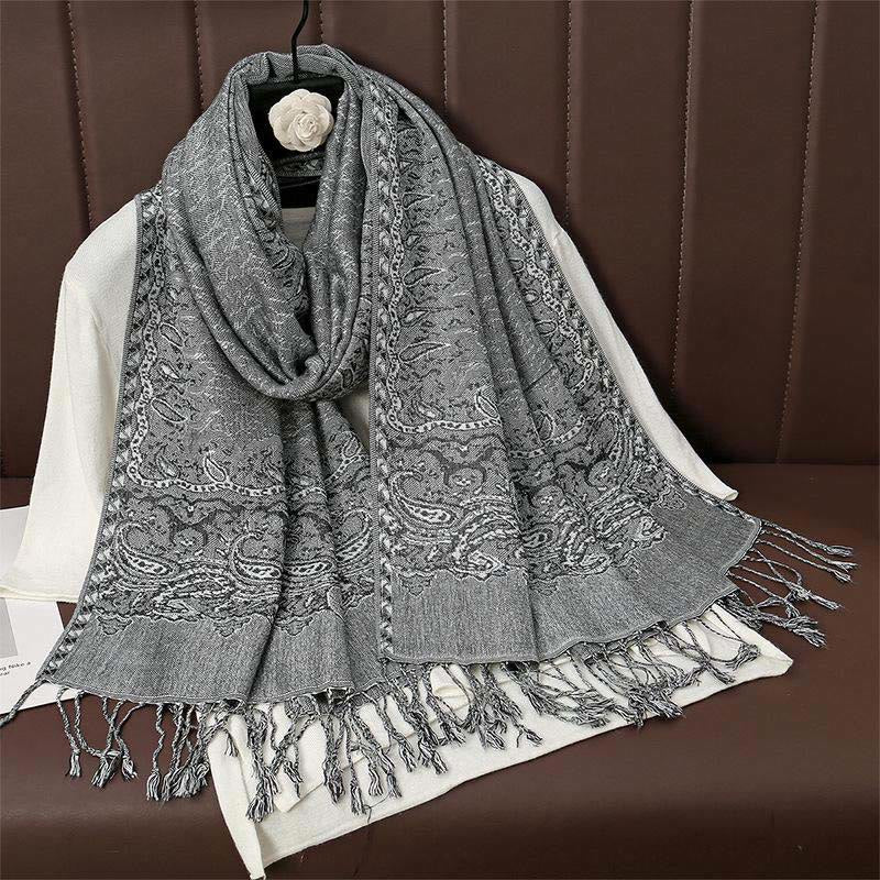 Sciarpa scialle con nappa e stampa paisley in jacquard etnico tibetano invernale con Buddha Stones - Grigio scuro - 70*190cm - image 13