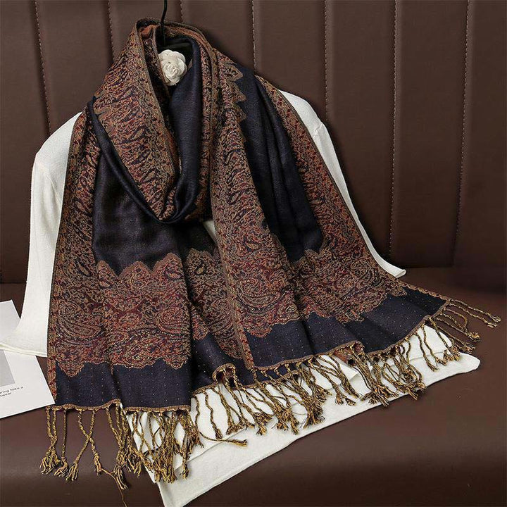 Sciarpa scialle con nappa e stampa paisley in jacquard etnico tibetano invernale con Buddha Stones - Blu notte - 70*190cm - image 2