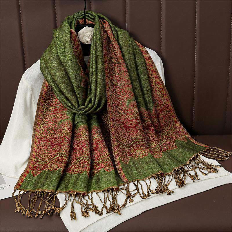 Sciarpa scialle con nappa e stampa paisley in jacquard etnico tibetano invernale con Buddha Stones - Verde oliva - 70*190cm - image 10