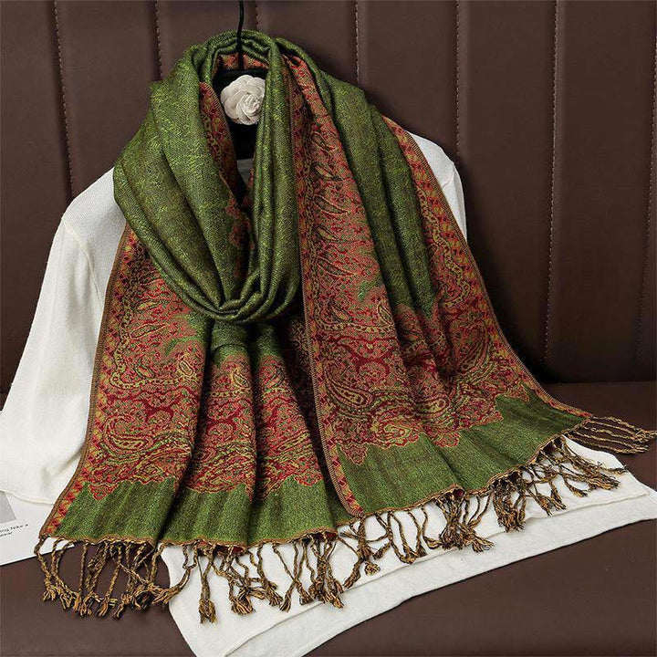 Sciarpa scialle con nappa e stampa paisley in jacquard etnico tibetano invernale con Buddha Stones - Verde oliva - 70*190cm - image 10