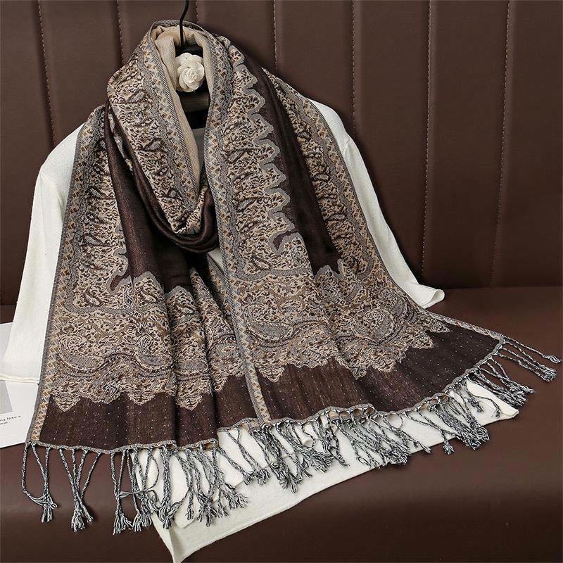 Sciarpa scialle con nappa e stampa paisley in jacquard etnico tibetano invernale con Buddha Stones - Marrone sella - 70*190cm - image 0