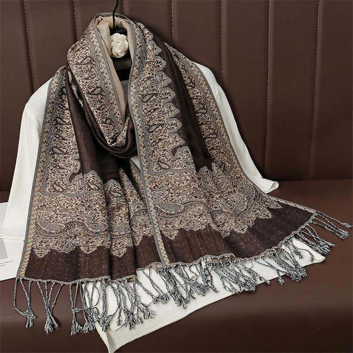 Sciarpa scialle con nappa e stampa paisley in jacquard etnico tibetano invernale con Buddha Stones - Marrone sella - 70*190cm - image 0
