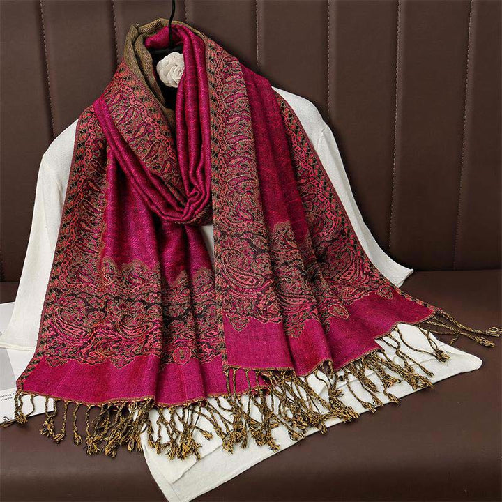 Sciarpa scialle con nappa e stampa paisley in jacquard etnico tibetano invernale con Buddha Stones - Rosso viola medio - 70*190cm - image 3