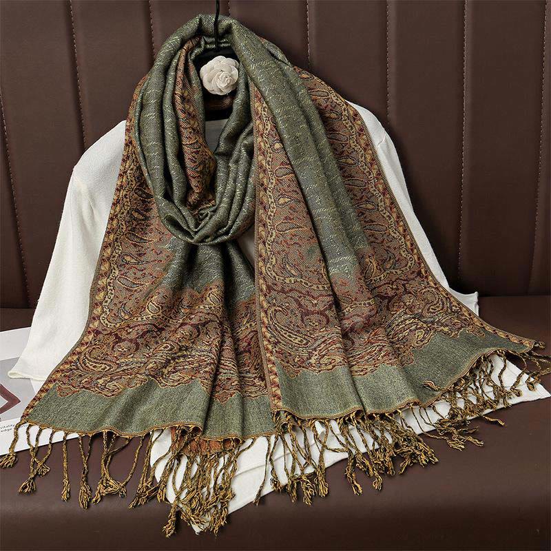 Sciarpa scialle con nappa e stampa paisley in jacquard etnico tibetano invernale con Buddha Stones - DarkSeaGreen - 70*190cm - image 4