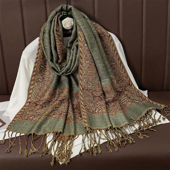 Sciarpa scialle con nappa e stampa paisley in jacquard etnico tibetano invernale con Buddha Stones - DarkSeaGreen - 70*190cm - image 4