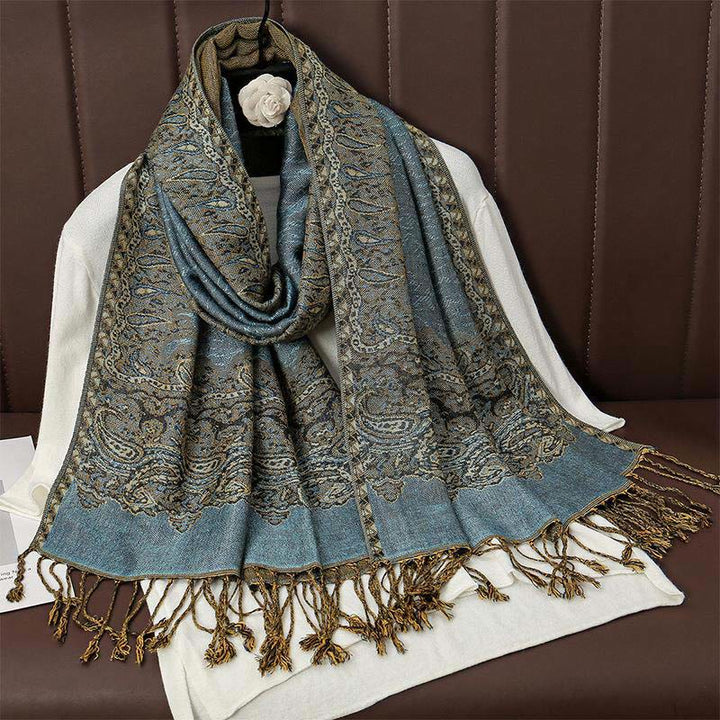 Sciarpa scialle con nappa e stampa paisley in jacquard etnico tibetano invernale con Buddha Stones - BluAcciaioChiaro - 70*190cm - image 5