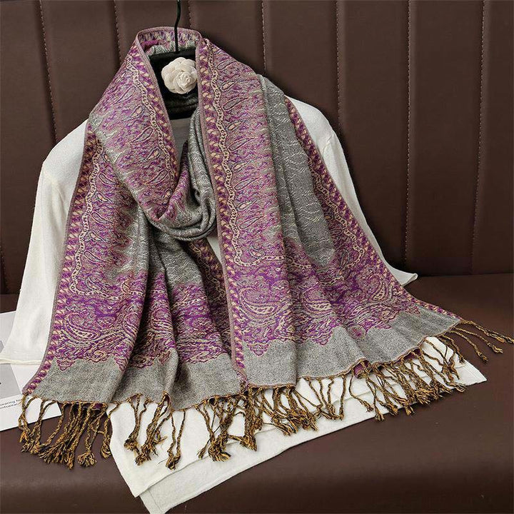 Sciarpa scialle con nappa e stampa paisley in jacquard etnico tibetano invernale con Buddha Stones - Magenta scuro - 70*190cm - image 9