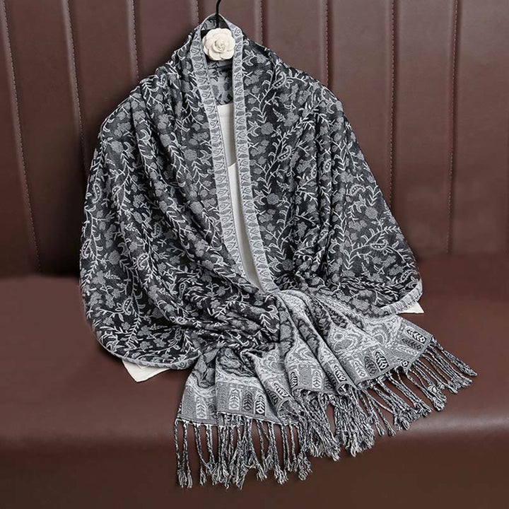 Sciarpa scialle con nappa e motivo floreale in jacquard paisley tibetano Buddha Stones - Grigio tenue - image 35