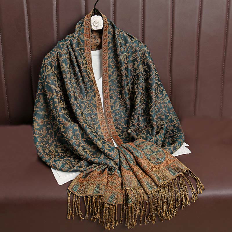 Sciarpa scialle con nappa e motivo floreale in jacquard paisley tibetano Buddha Stones - SeaGreen - image 0