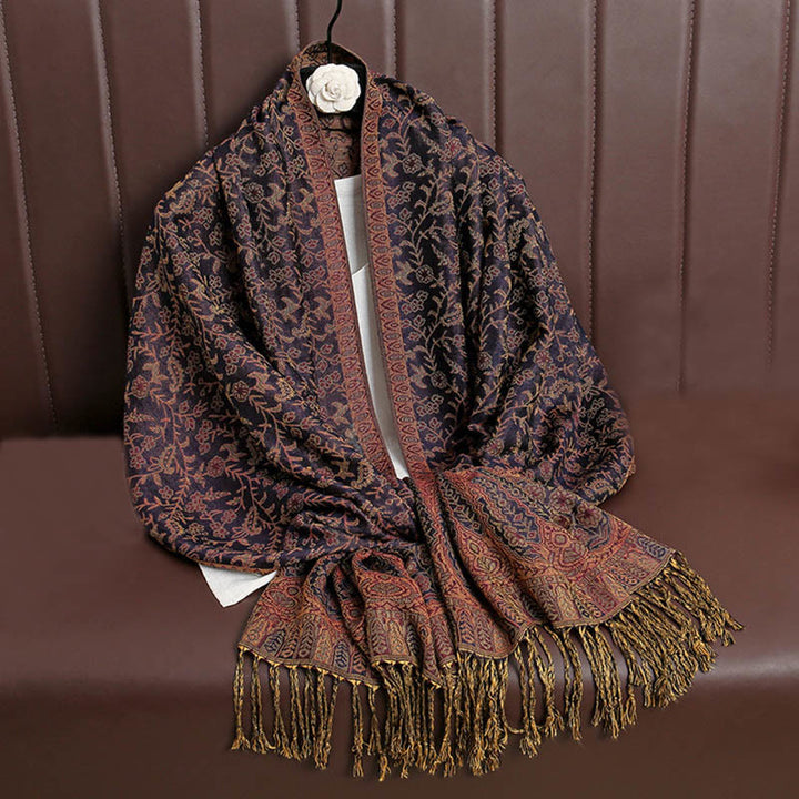 Sciarpa scialle con nappa e motivo floreale in jacquard paisley tibetano Buddha Stones - Indaco - image 27