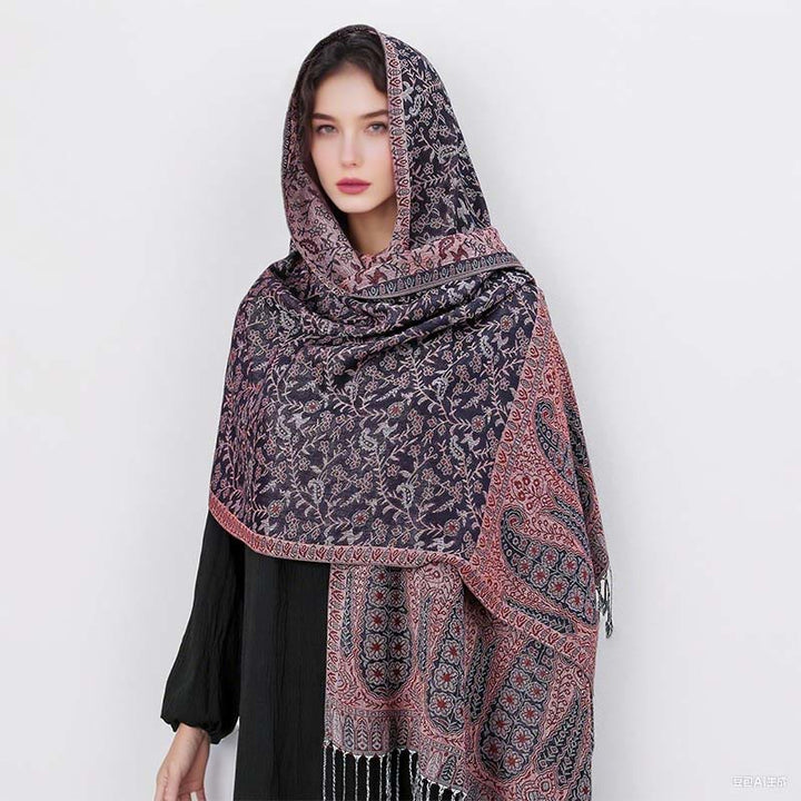 Sciarpa scialle con nappa e motivo floreale in jacquard paisley tibetano Buddha Stones - image 38