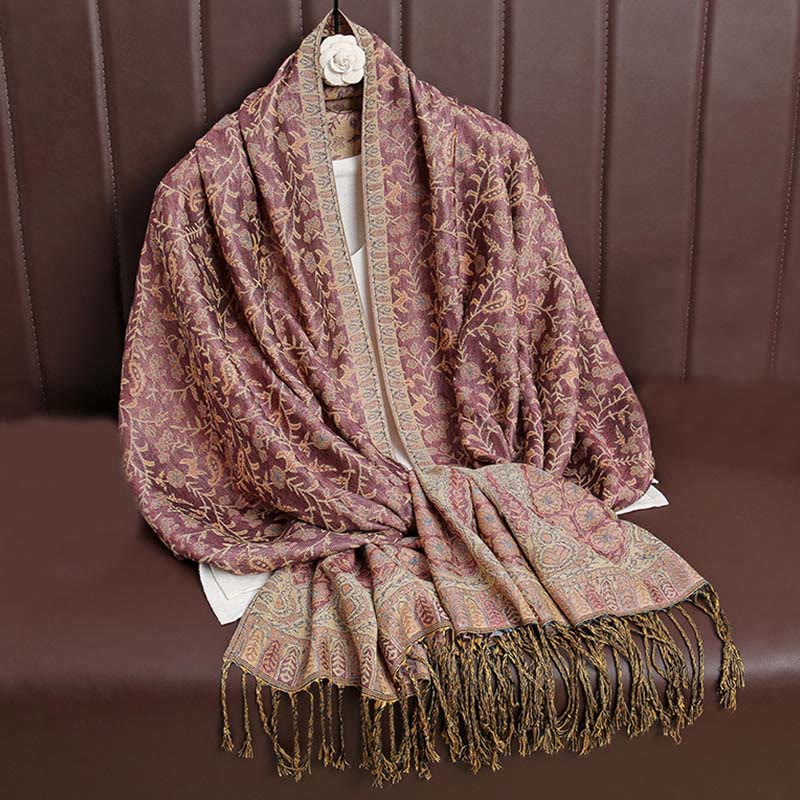 Sciarpa scialle con nappa e motivo floreale in jacquard paisley tibetano Buddha Stones - Rosso Indiano - image 31