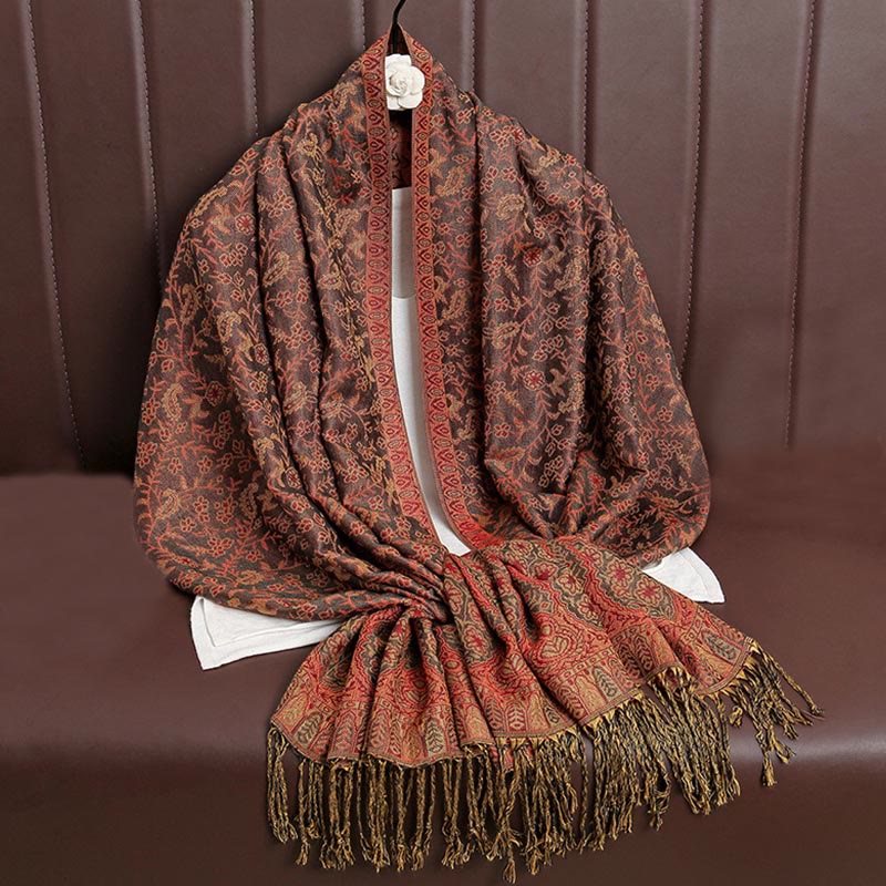 Sciarpa scialle con nappa e motivo floreale in jacquard paisley tibetano Buddha Stones - Marrone - image 33