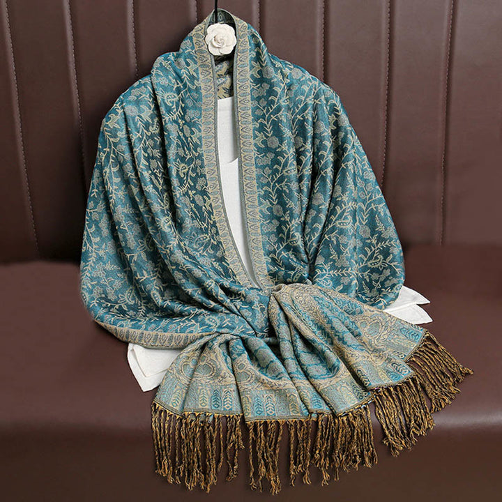 Sciarpa scialle con nappa e motivo floreale in jacquard paisley tibetano Buddha Stones - VerdeMare Chiaro - image 29