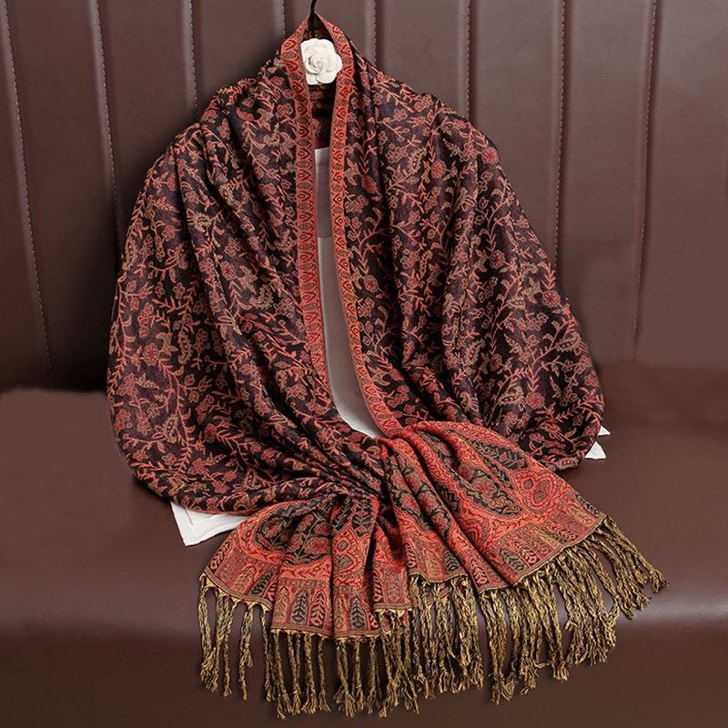Sciarpa scialle con nappa e motivo floreale in jacquard paisley tibetano Buddha Stones - RossoArancione - image 7