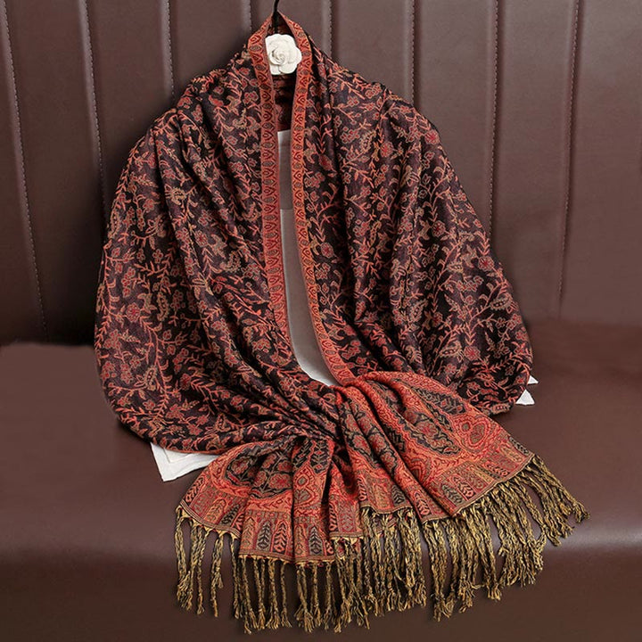 Sciarpa scialle con nappa e motivo floreale in jacquard paisley tibetano Buddha Stones - RossoArancione - image 7