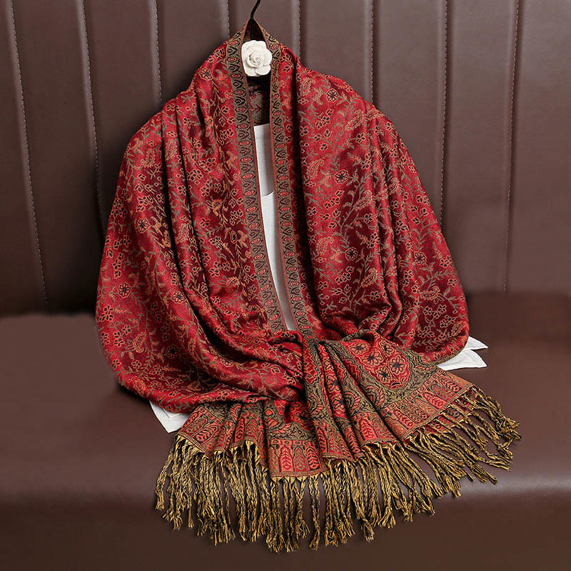Sciarpa scialle con nappa e motivo floreale in jacquard paisley tibetano Buddha Stones - Cremisi - image 1