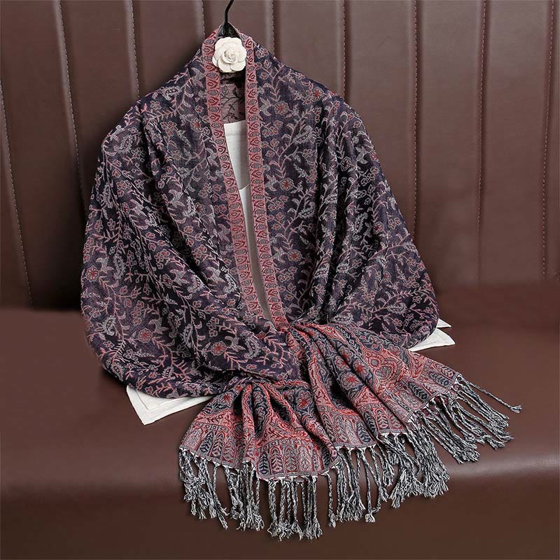 Sciarpa scialle con nappa e motivo floreale in jacquard paisley tibetano Buddha Stones - Magenta scuro - image 37
