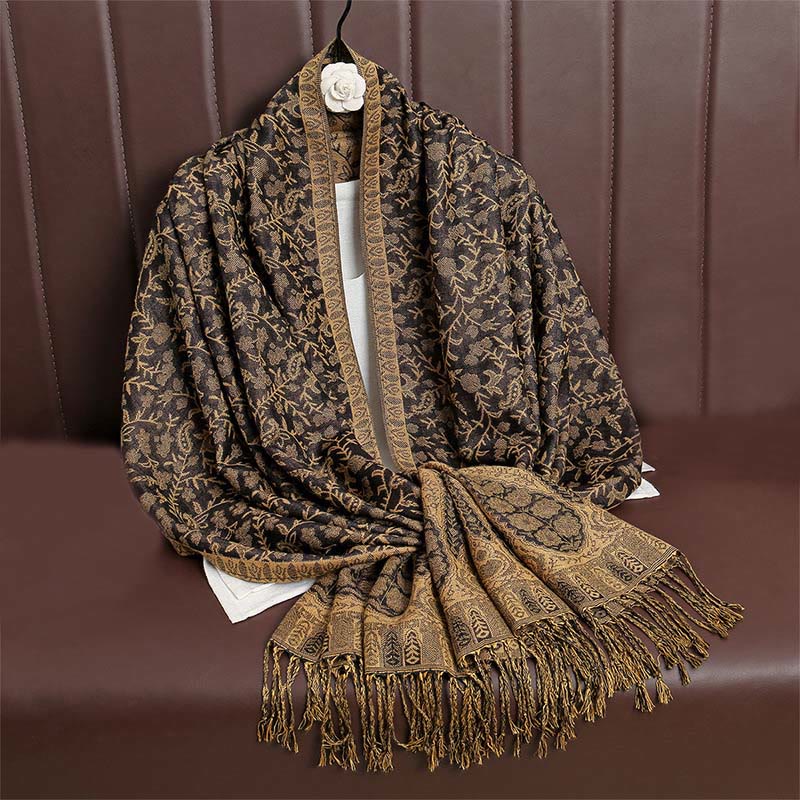 Sciarpa scialle con nappa e motivo floreale in jacquard paisley tibetano Buddha Stones - Verga d'oro scura - image 39