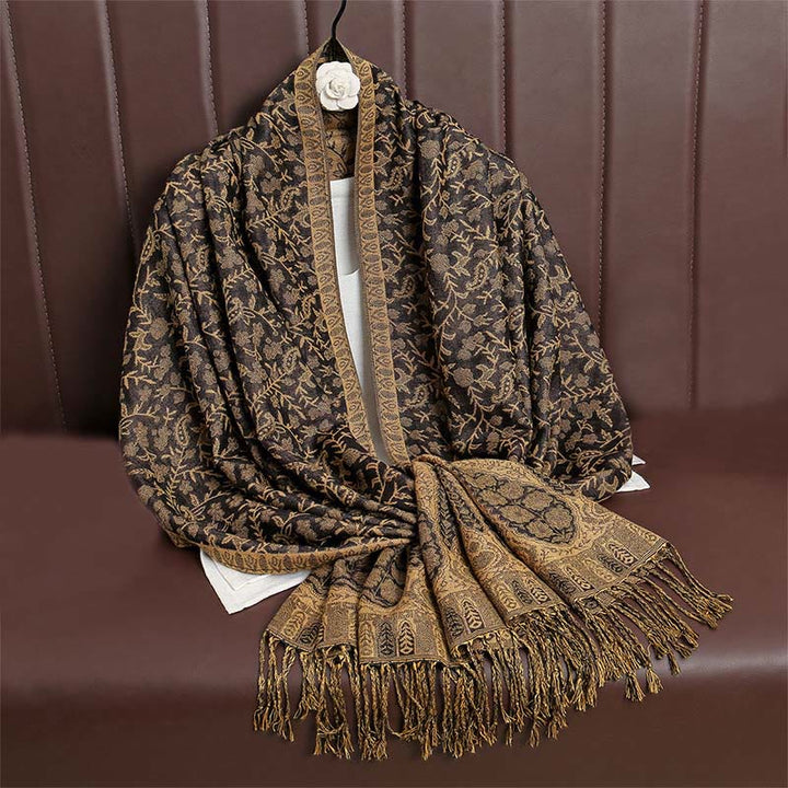 Sciarpa scialle con nappa e motivo floreale in jacquard paisley tibetano Buddha Stones - Verga d'oro scura - image 39