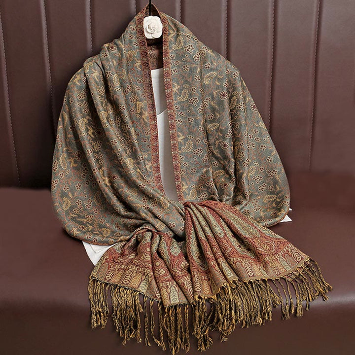Sciarpa scialle con nappa e motivo floreale in jacquard paisley tibetano Buddha Stones - Verde Mare Scuro - image 23