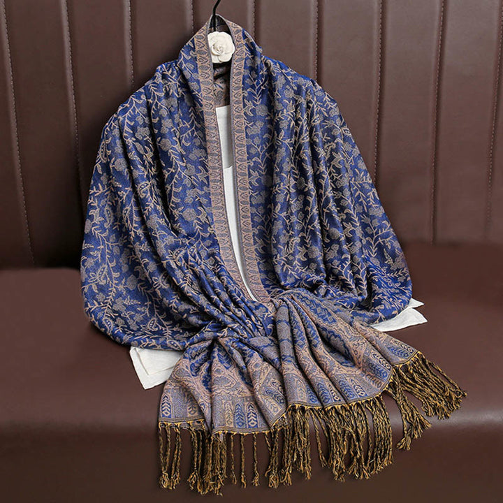 Sciarpa scialle con nappa e motivo floreale in jacquard paisley tibetano Buddha Stones - Blu Ardesia - image 11