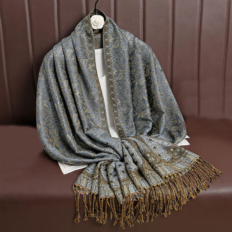 Sciarpa scialle con nappa e motivo floreale in jacquard paisley tibetano Buddha Stones - Grigio ardesia chiaro - image 21