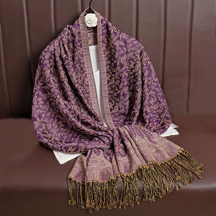 Sciarpa scialle con nappa e motivo floreale in jacquard paisley tibetano Buddha Stones - Fucsia - image 22
