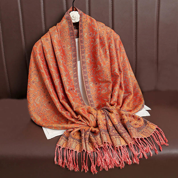 Sciarpa scialle con nappa e motivo floreale in jacquard paisley tibetano Buddha Stones - SandyBrown - image 9