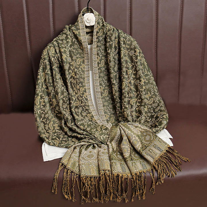 Sciarpa scialle con nappa e motivo floreale in jacquard paisley tibetano Buddha Stones - Verde oliva - image 17