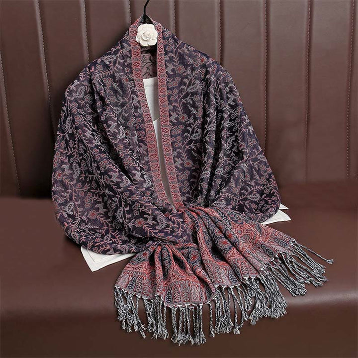 Sciarpa scialle con nappa e motivo floreale in jacquard paisley tibetano Buddha Stones - Magenta scuro - image 37