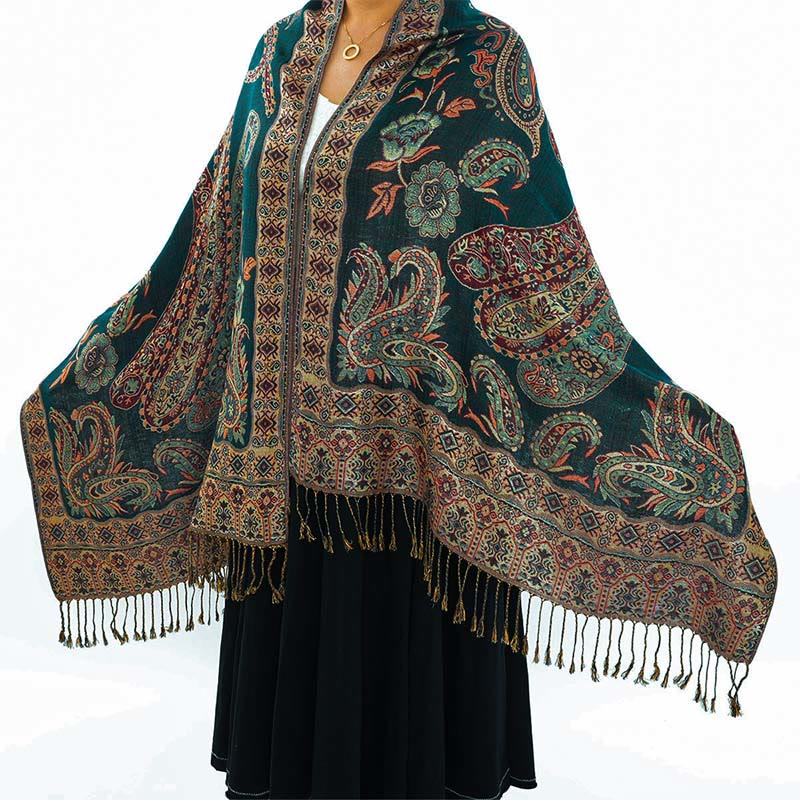 Buddha Stones con nappe e motivo floreale tibetano Paisley in stile bohémien - Verde scuro - 70*180 centimetri - image 0