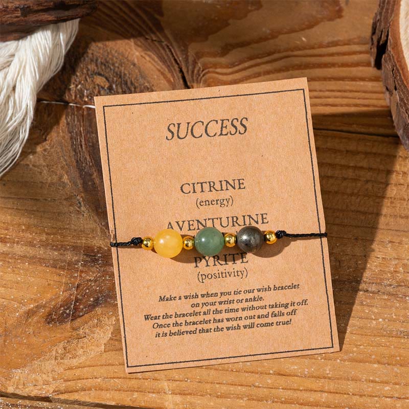 Bracciale con carta del successo in corda, citrino, avventurina verde e pirite di Buddha Stones - Perline rotonde (circonferenza del polso: 14-23 cm) - image 1