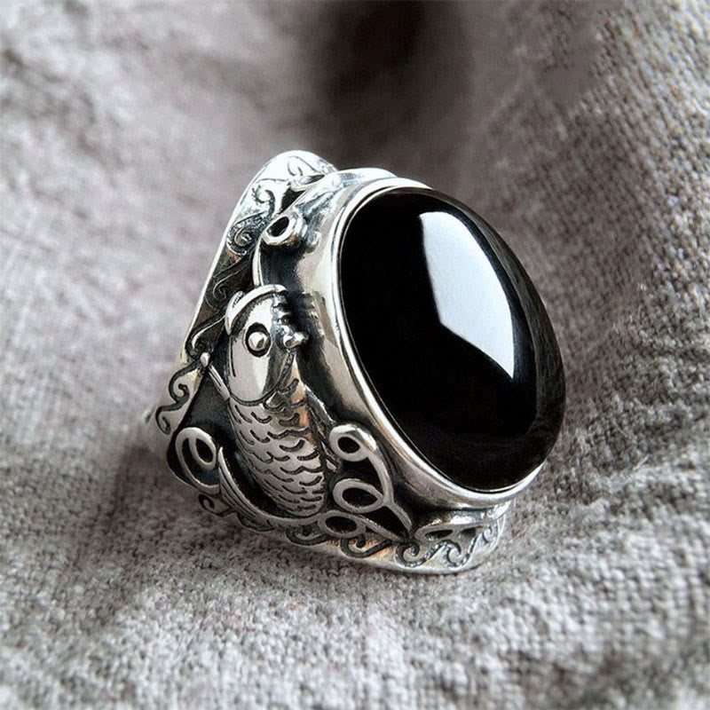 Anello regolabile con simbolo di forza del pesce koi in ossidiana nera Buddha Stones - Ossidiana nera - image 0