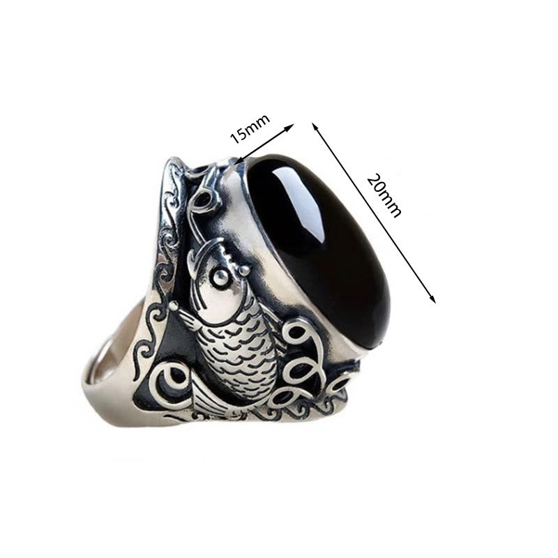 Anello regolabile con simbolo di forza del pesce koi in ossidiana nera Buddha Stones - image 4
