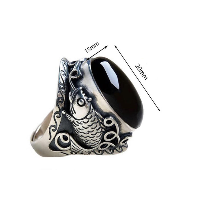 Anello regolabile con simbolo di forza del pesce koi in ossidiana nera Buddha Stones - image 4