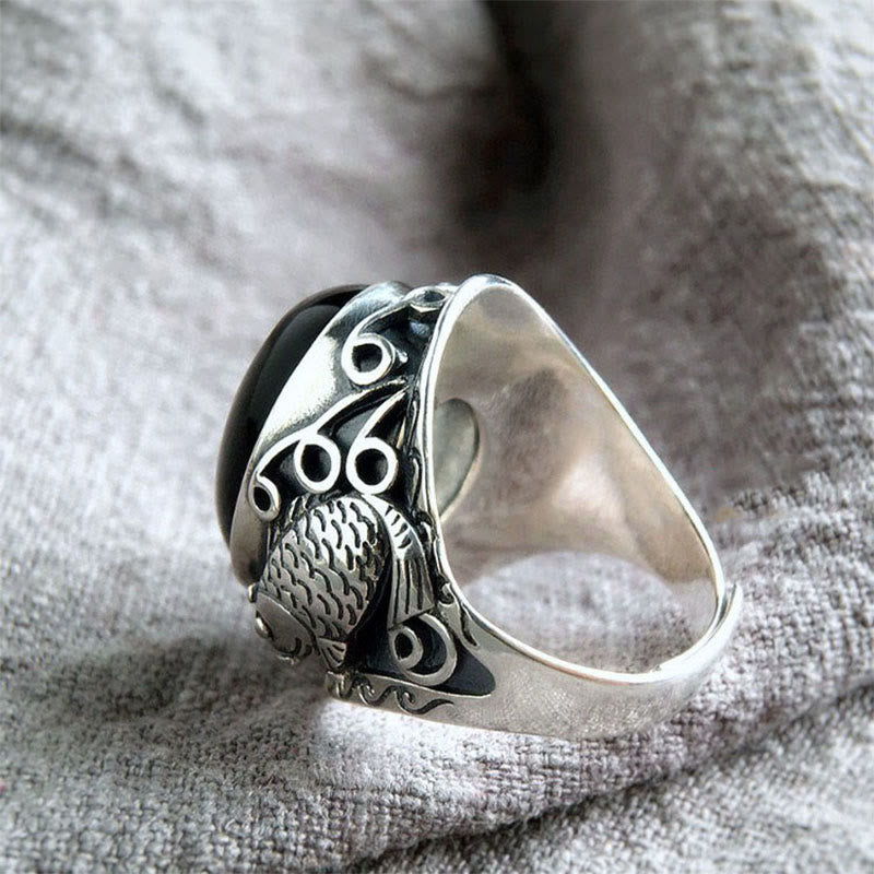 Anello regolabile con simbolo di forza del pesce koi in ossidiana nera Buddha Stones - image 1