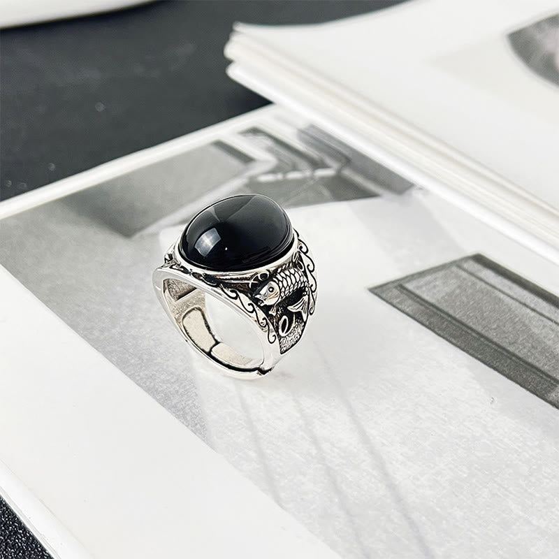 Anello regolabile con simbolo di forza del pesce koi in ossidiana nera Buddha Stones - image 8