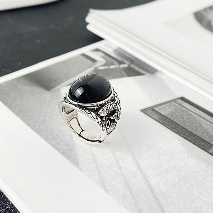 Anello regolabile con simbolo di forza del pesce koi in ossidiana nera Buddha Stones - image 8
