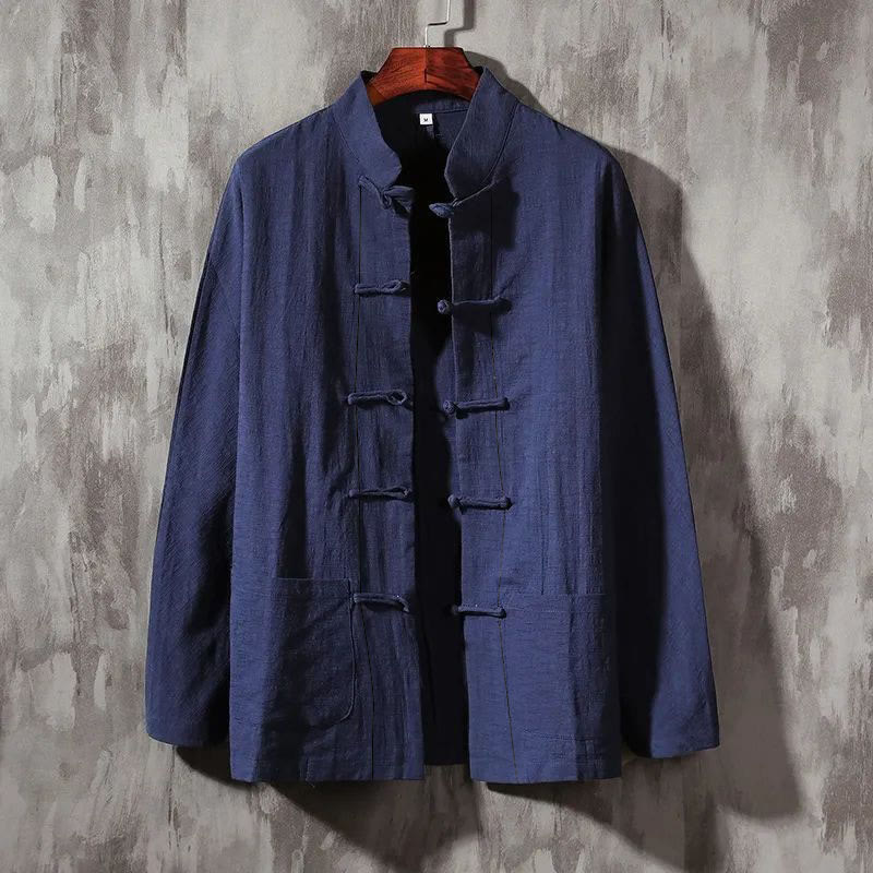 Camicia casual in cotone e lino con colletto rialzato Buddha Stones - Blu ardesia scuro - US/UK/AU44，EU54 (5XL) - image 5