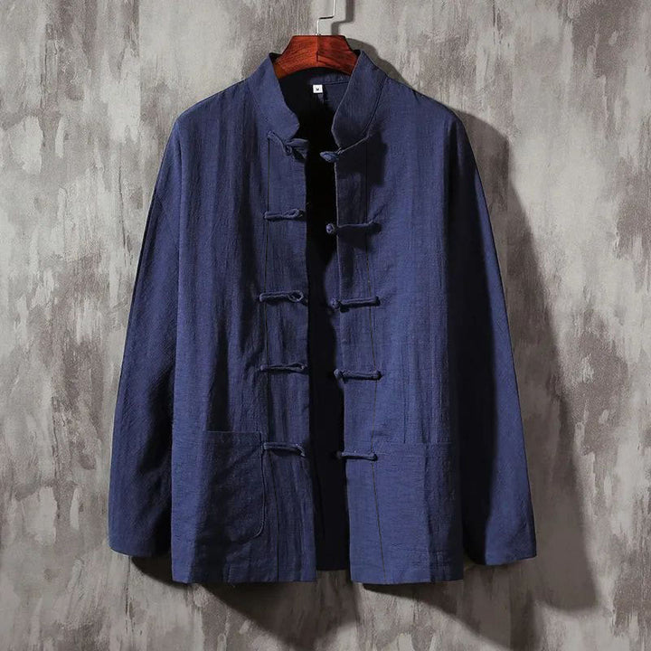 Camicia casual in cotone e lino con colletto rialzato Buddha Stones - Blu ardesia scuro - US/UK/AU44，EU54 (5XL) - image 5